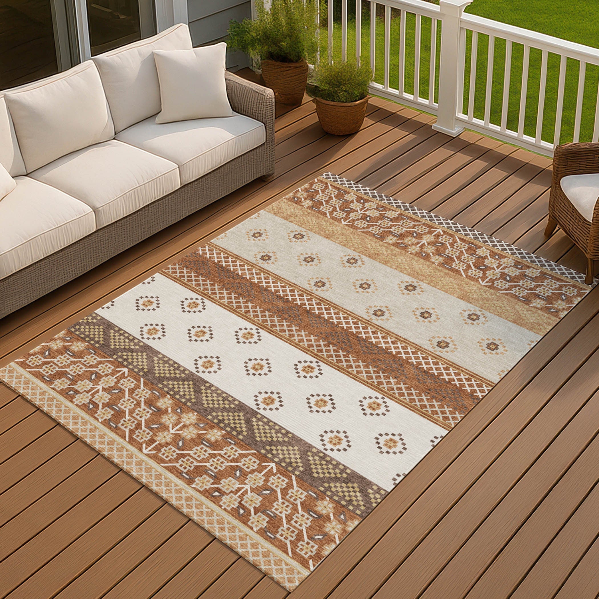 10' X 14' Orange And Denim Blue Striped Washable Indoor Outdoor Area Rug Homeroots Outdoor