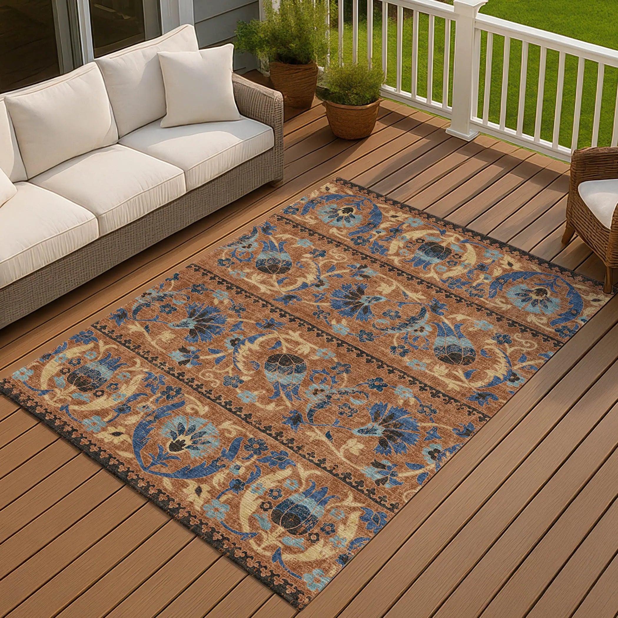 10' X 14' Orange And Gold Floral Washable Indoor Outdoor Area Rug Homeroots Outdoor