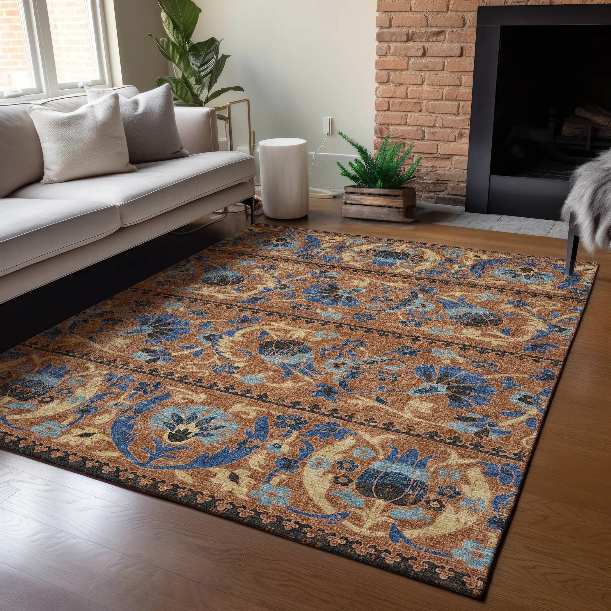 10' X 14' Orange And Gold Floral Washable Indoor Outdoor Area Rug Homeroots Outdoor