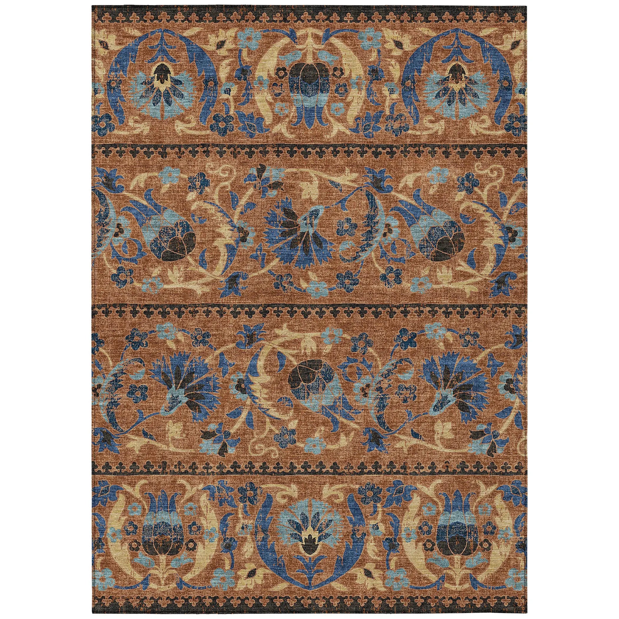 10' X 14' Orange And Gold Floral Washable Indoor Outdoor Area Rug Homeroots Outdoor