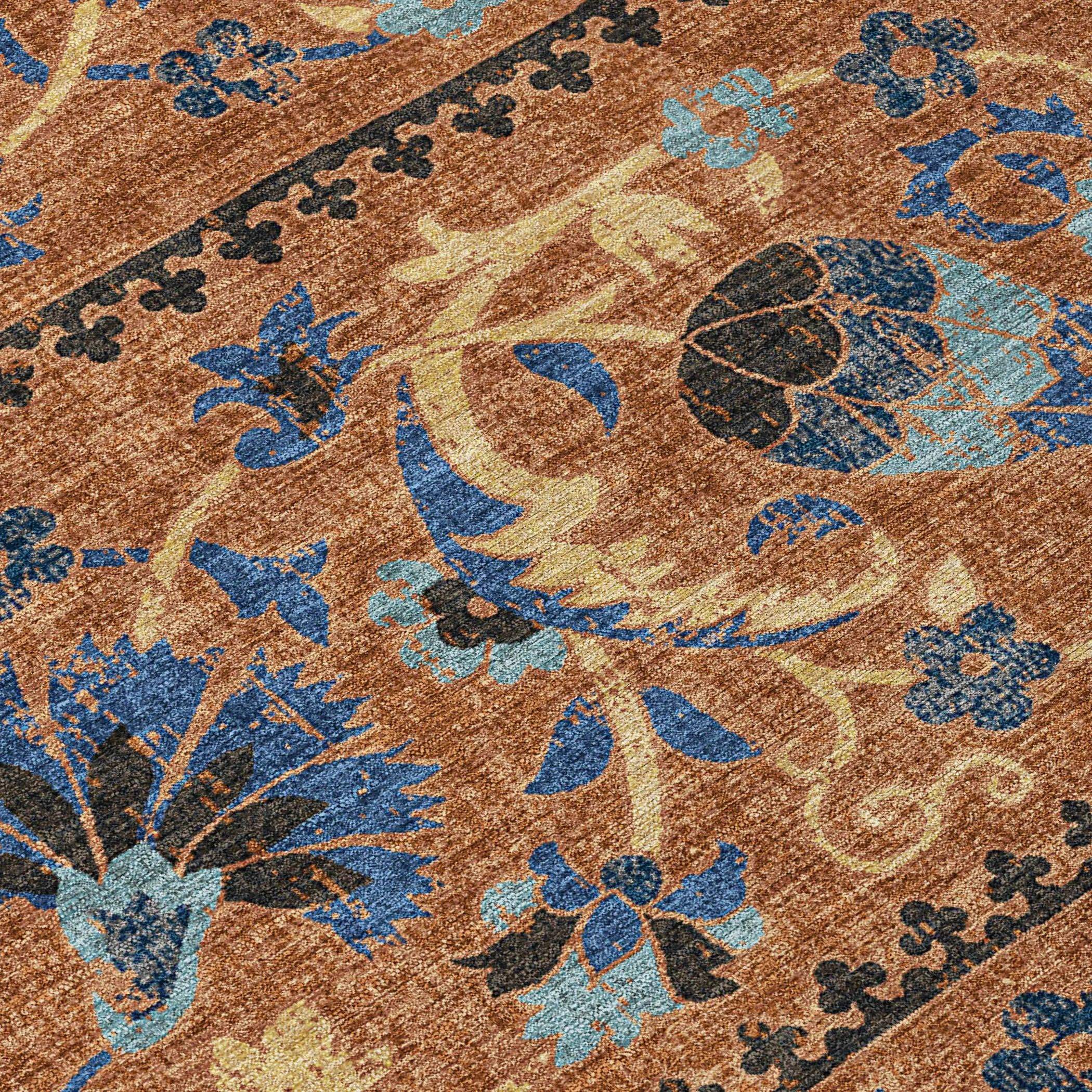 10' X 14' Orange And Gold Floral Washable Indoor Outdoor Area Rug Homeroots Outdoor