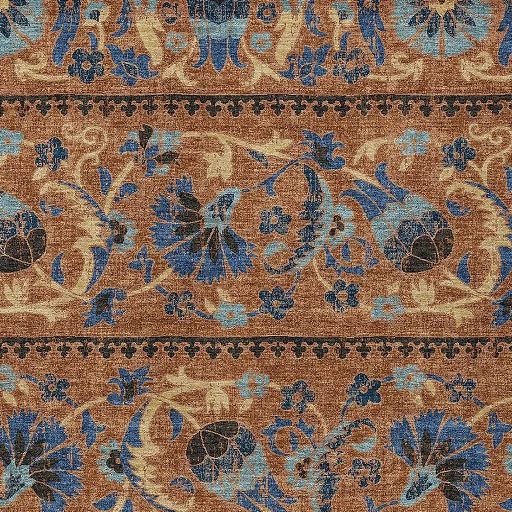 10' X 14' Orange And Gold Floral Washable Indoor Outdoor Area Rug Homeroots Outdoor