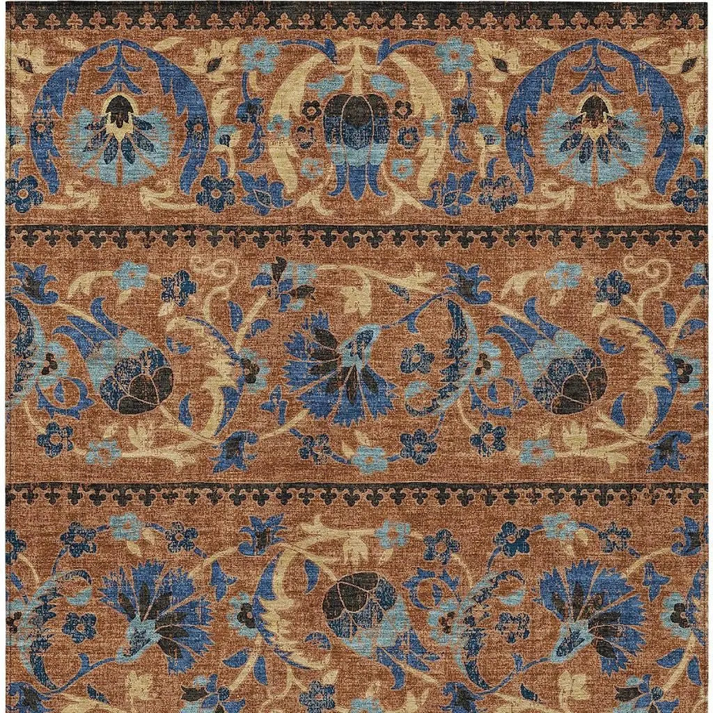 10' X 14' Orange And Gold Floral Washable Indoor Outdoor Area Rug Homeroots Outdoor