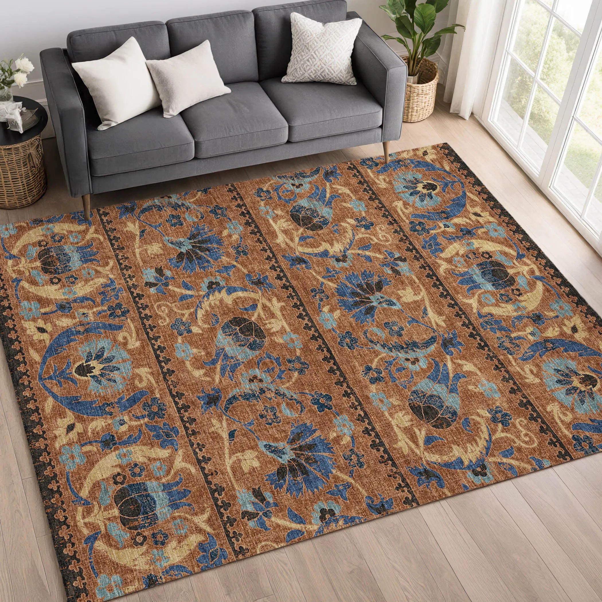 10' X 14' Orange And Gold Floral Washable Indoor Outdoor Area Rug Homeroots Outdoor