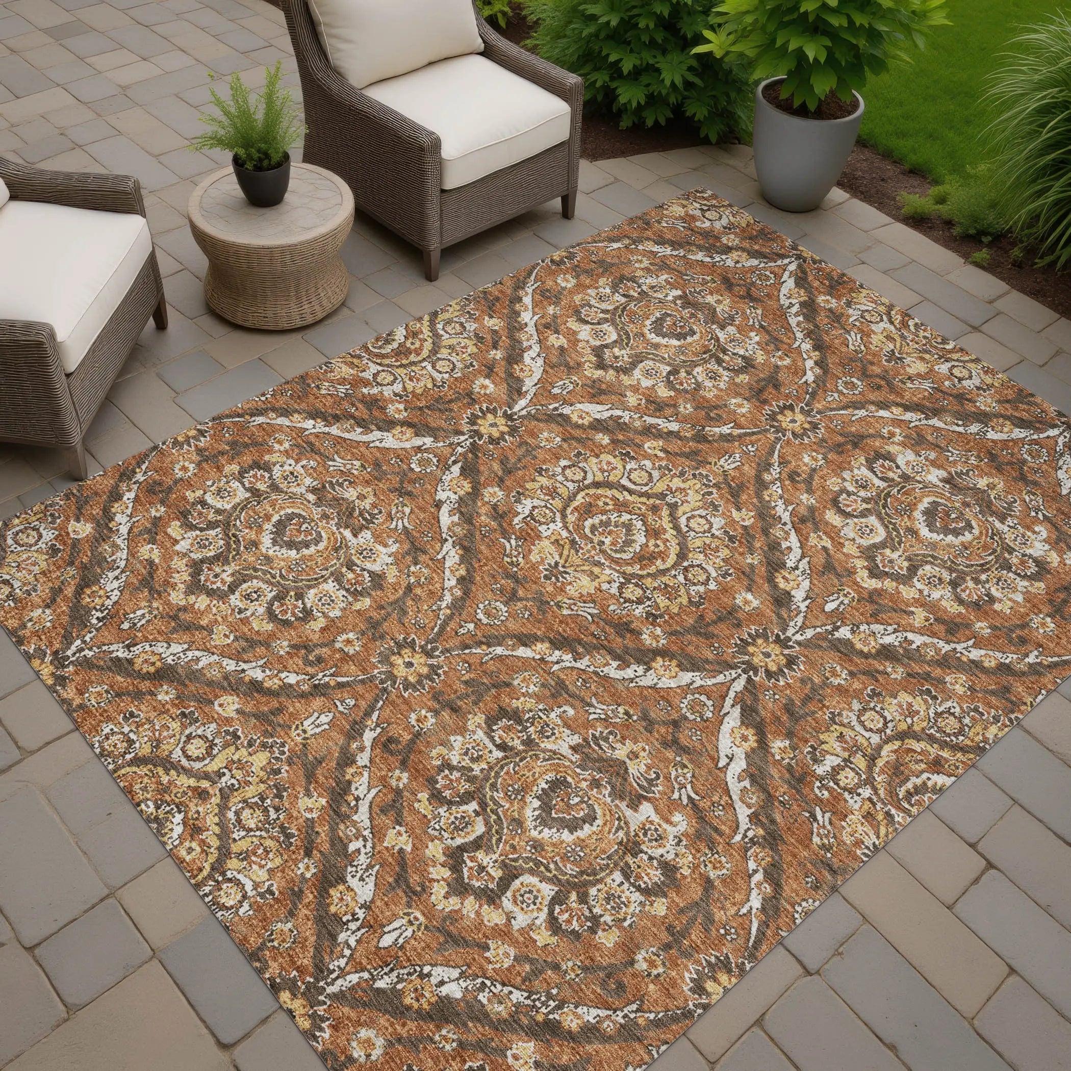10' X 14' Orange And Green Floral Washable Indoor Outdoor Area Rug Homeroots Outdoor