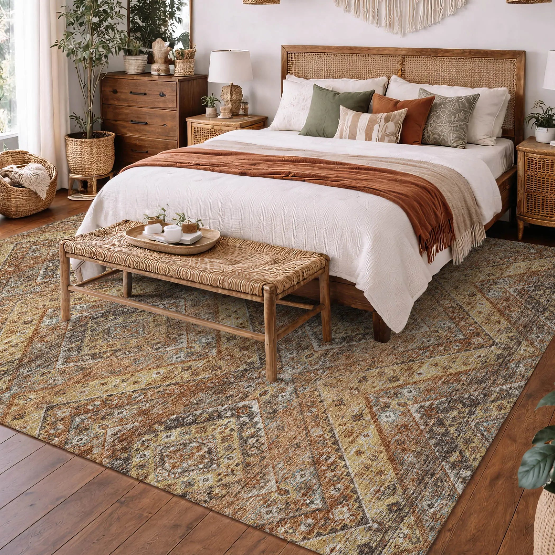 10' X 14' Orange And Green Tribal Washable Indoor Outdoor Area Rug Homeroots Outdoor