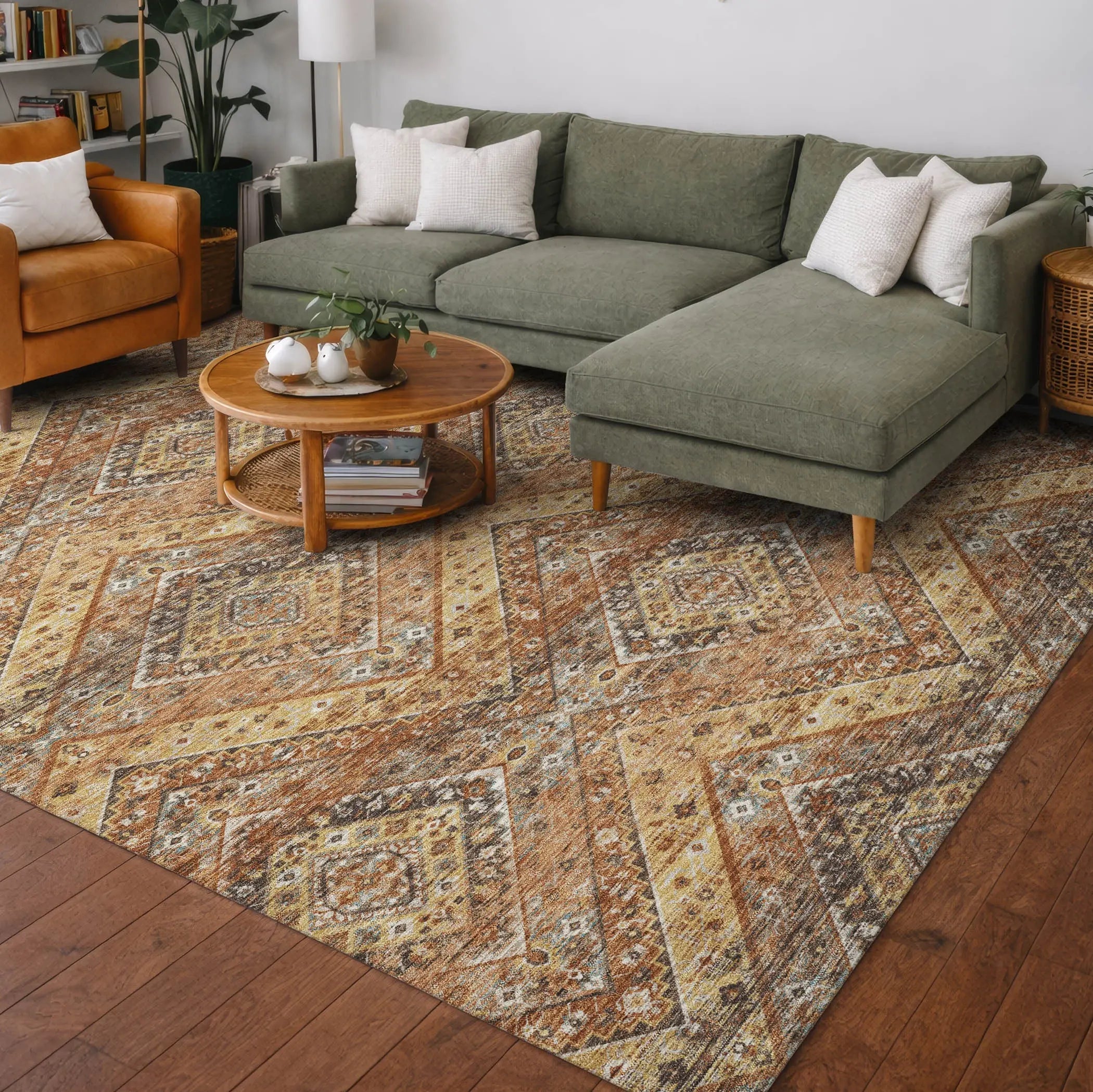 10' X 14' Orange And Green Tribal Washable Indoor Outdoor Area Rug Homeroots Outdoor