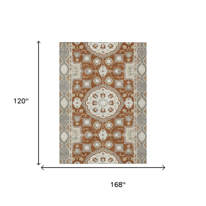 10' X 14' Orange And Ivory Floral Medallion Washable Indoor Outdoor Area Rug Homeroots Outdoor