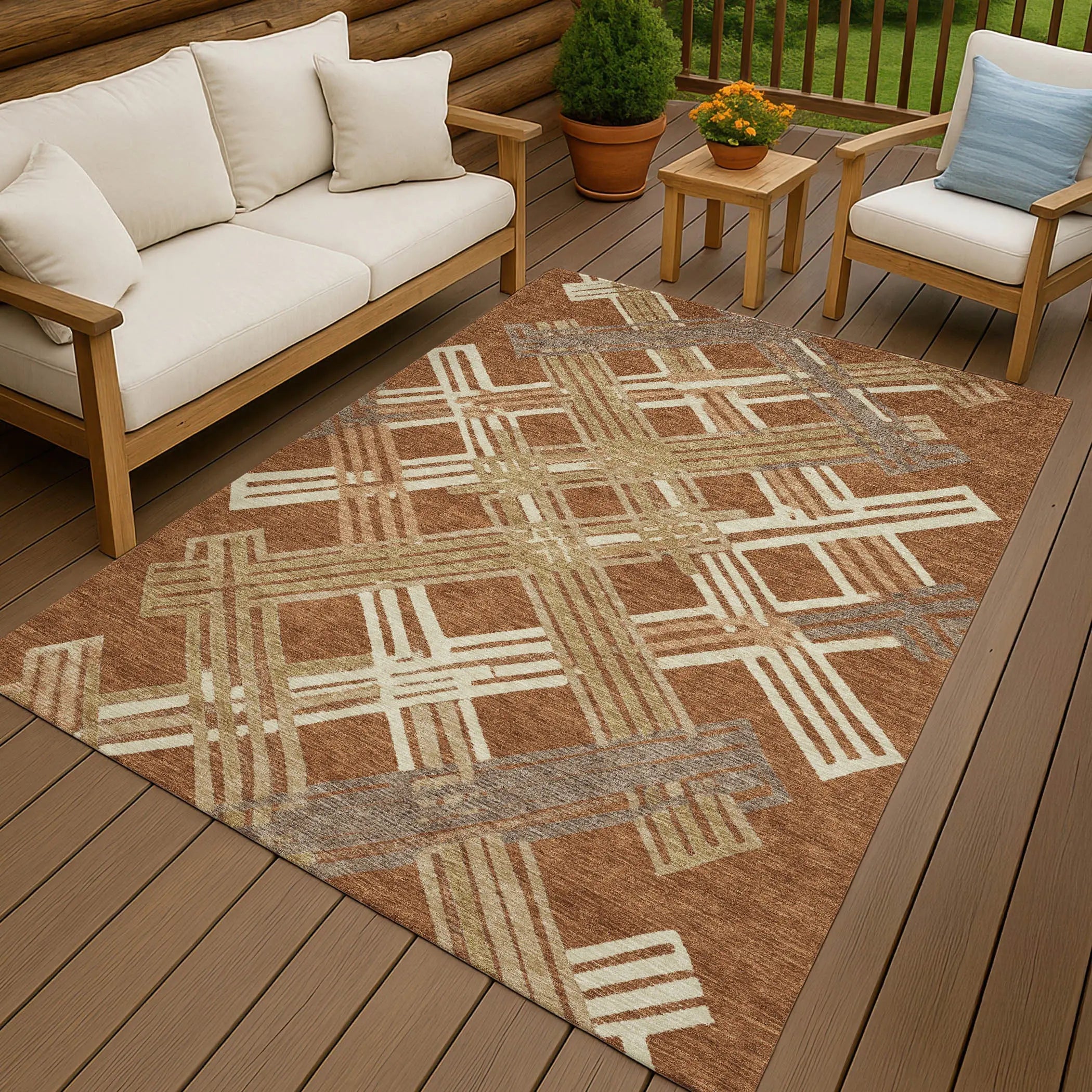 10' X 14' Orange And Ivory Geometric Washable Indoor Outdoor Area Rug Homeroots Outdoor