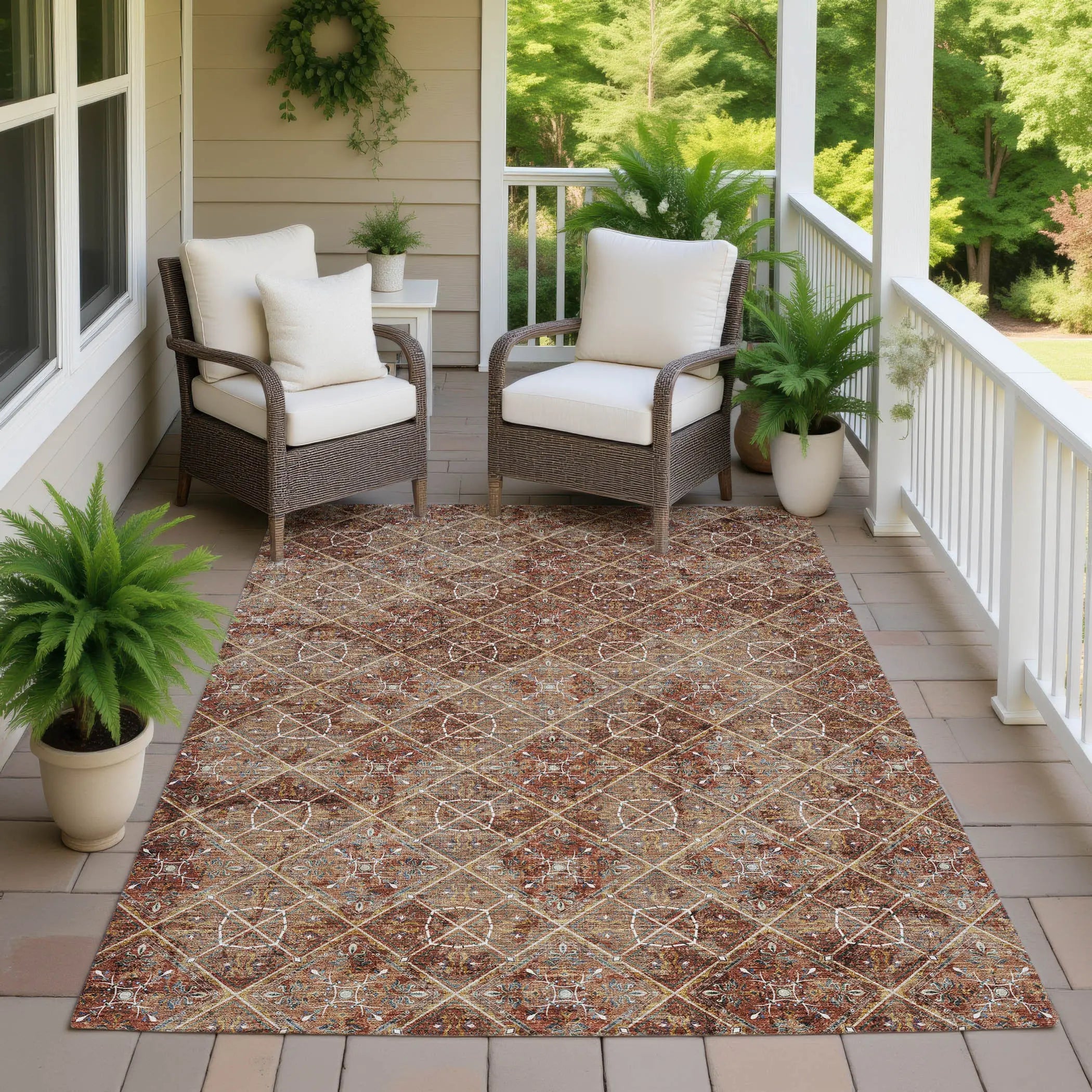 10' X 14' Orange And Khaki Geometric Washable Indoor Outdoor Area Rug Homeroots Outdoor