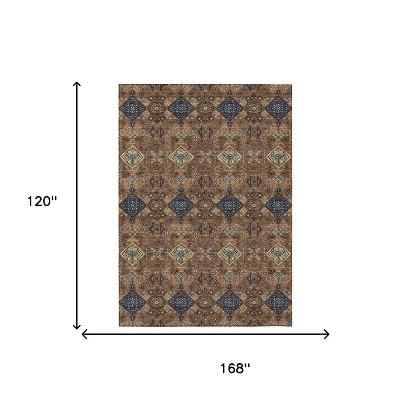 10' X 14' Orange And Navy Blue Geometric Washable Indoor Outdoor Area Rug Homeroots Outdoor