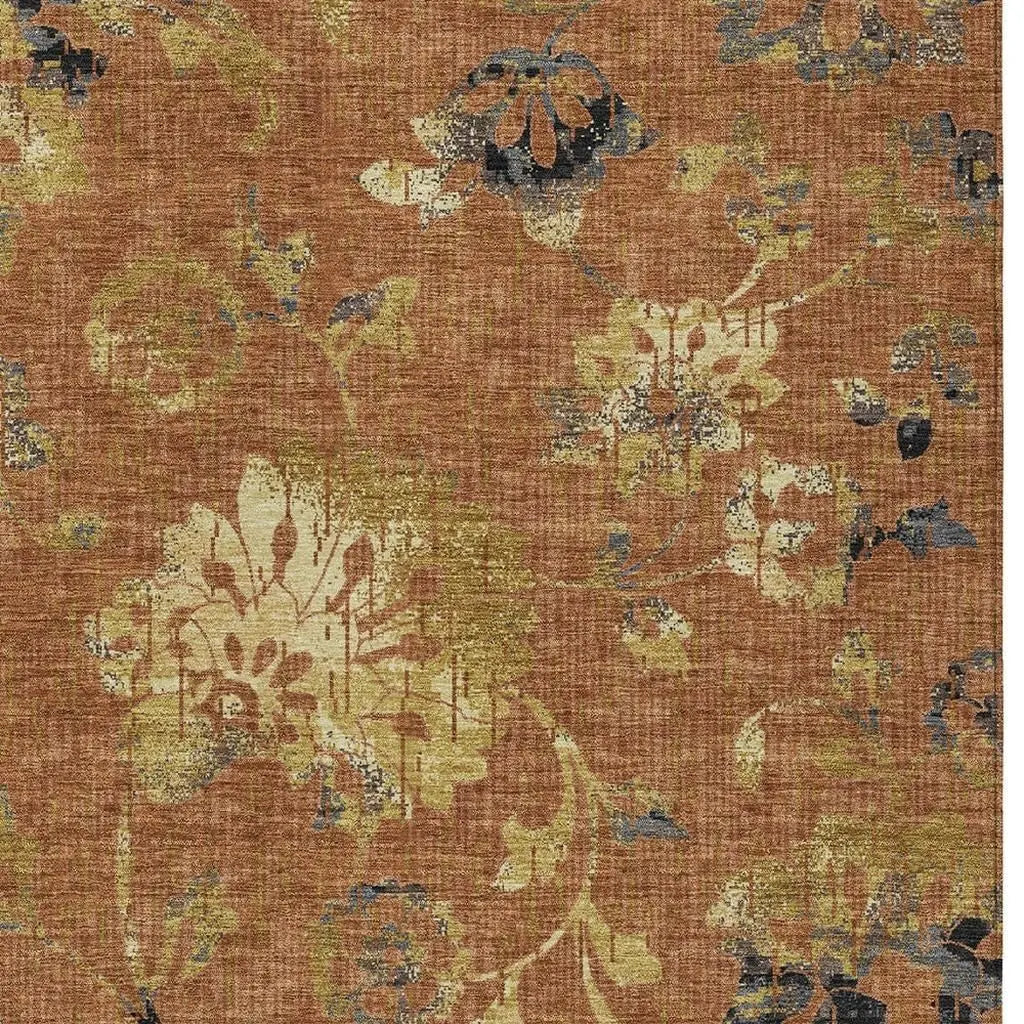 10' X 14' Orange And Rust Floral Washable Indoor Outdoor Area Rug Homeroots Outdoor