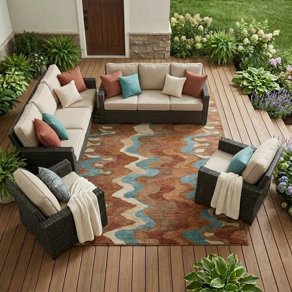 10' X 14' Orange And Teal Blue Abstract Washable Indoor Outdoor Area Rug Homeroots Outdoor