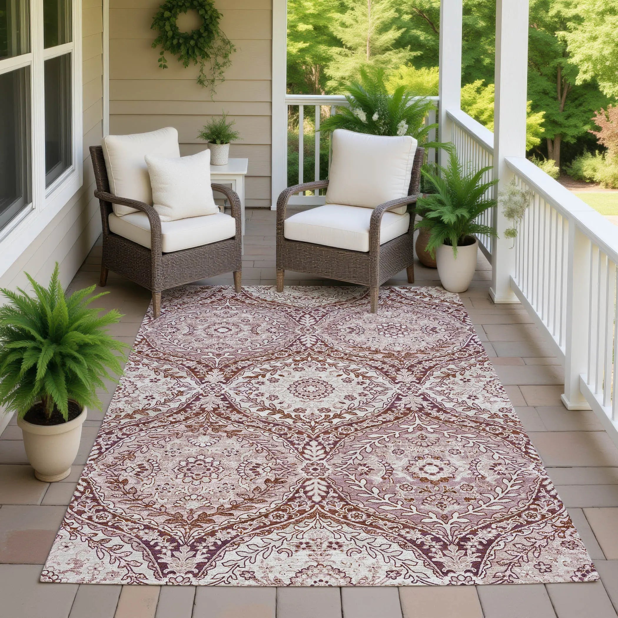 10' X 14' Pink And Green Ogee Washable Indoor Outdoor Area Rug Homeroots Outdoor