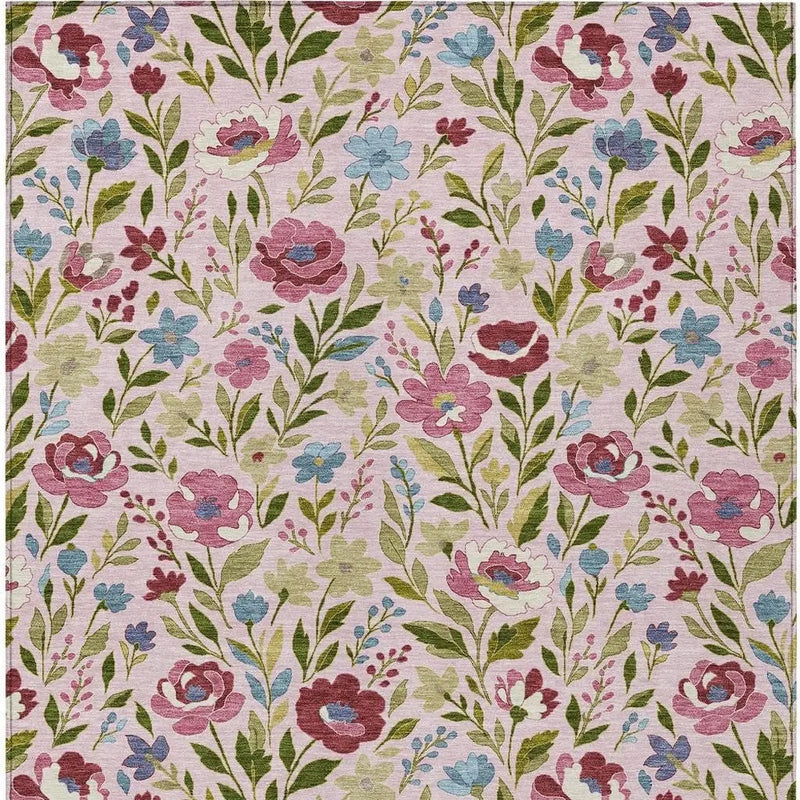 10' X 14' Pink And Linen Floral Washable Indoor Outdoor Area Rug Homeroots Outdoor
