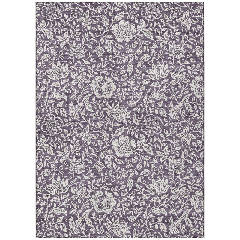 Lavender floral patterned fabric with intricate white designs, perfect for upholstery or home decor.