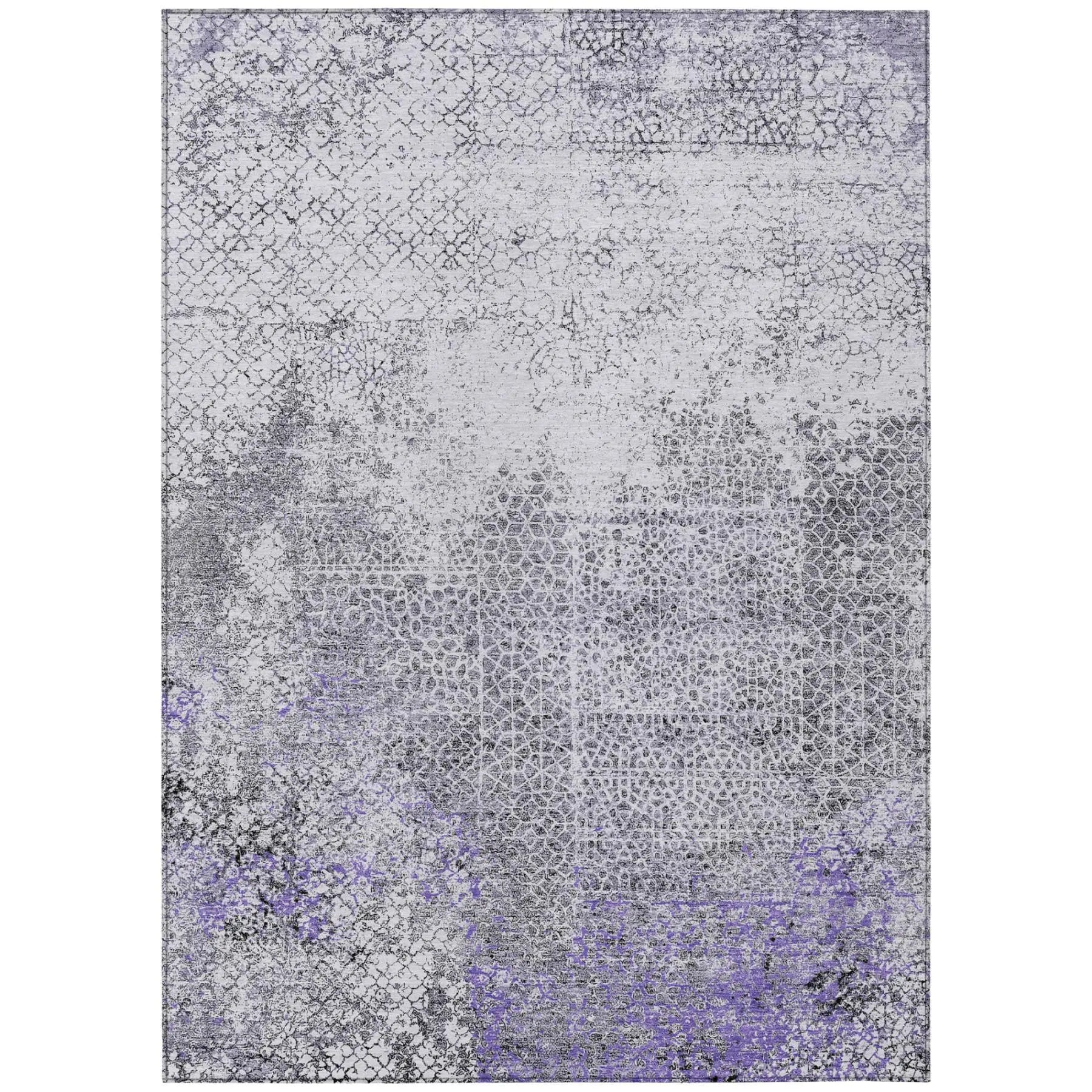 Gray and purple abstract area rug with a textured pattern, made from durable synthetic materials for modern decor.