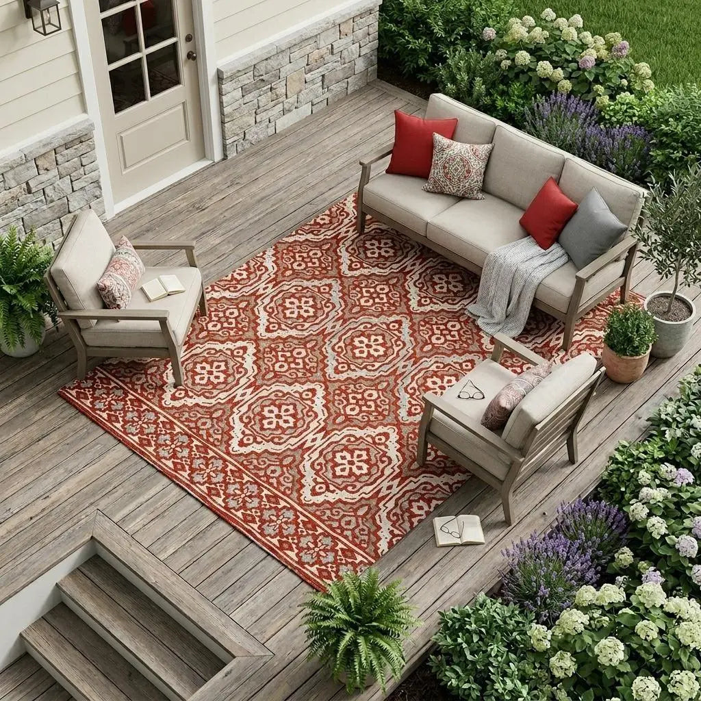 10' X 14' Red And Denim Blue Tribal Washable Indoor Outdoor Area Rug Homeroots Outdoor