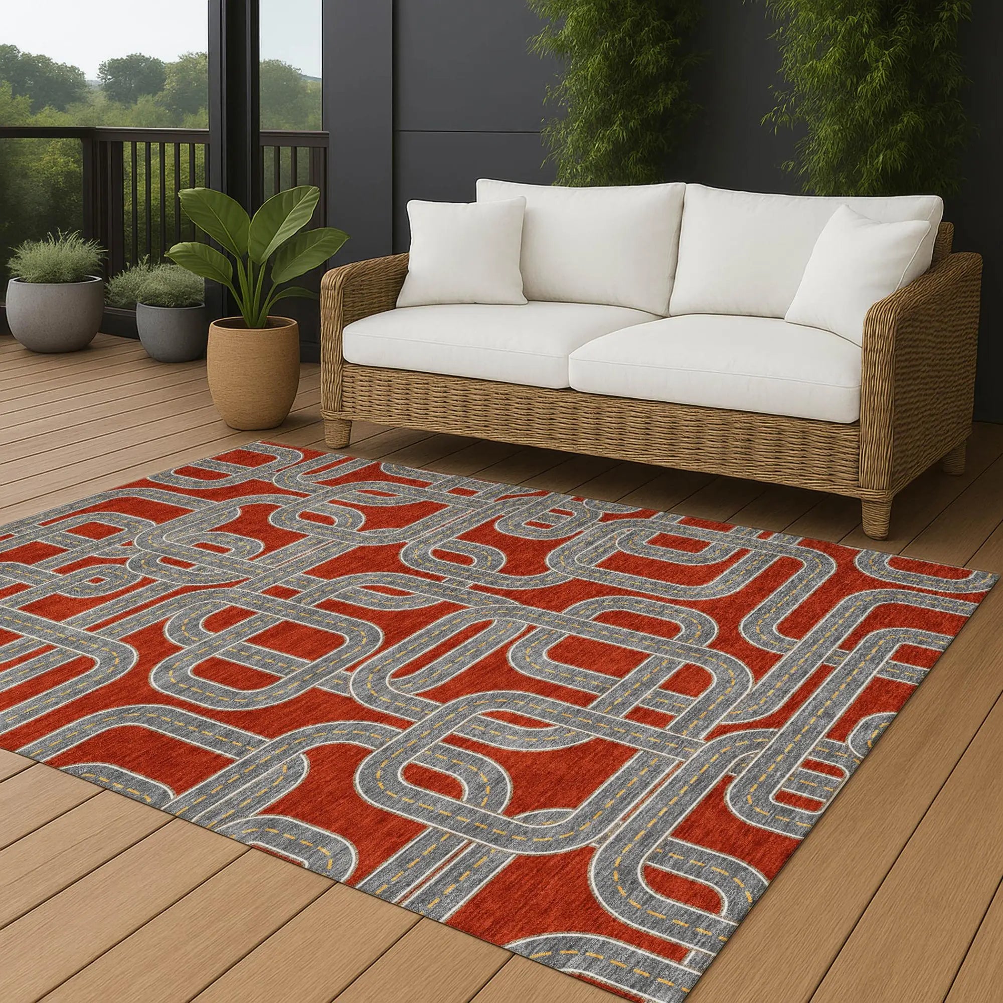 10' X 14' Red And Gray Geometric Washable Indoor Outdoor Area Rug Homeroots Outdoor