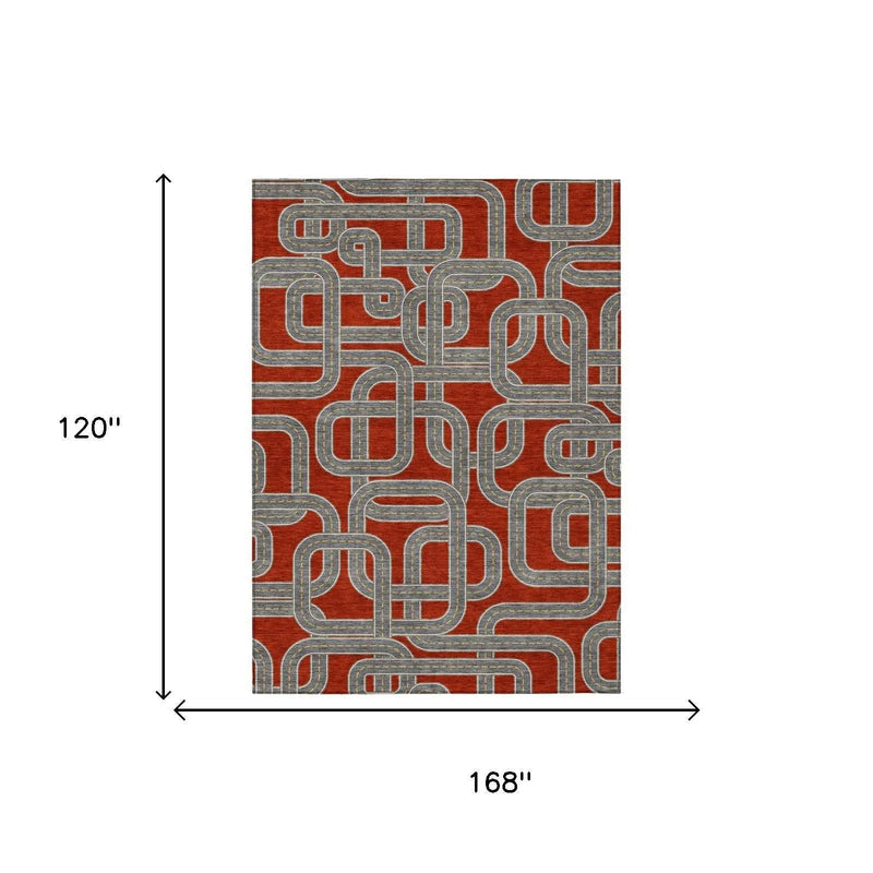 10' X 14' Red And Gray Geometric Washable Indoor Outdoor Area Rug Homeroots Outdoor