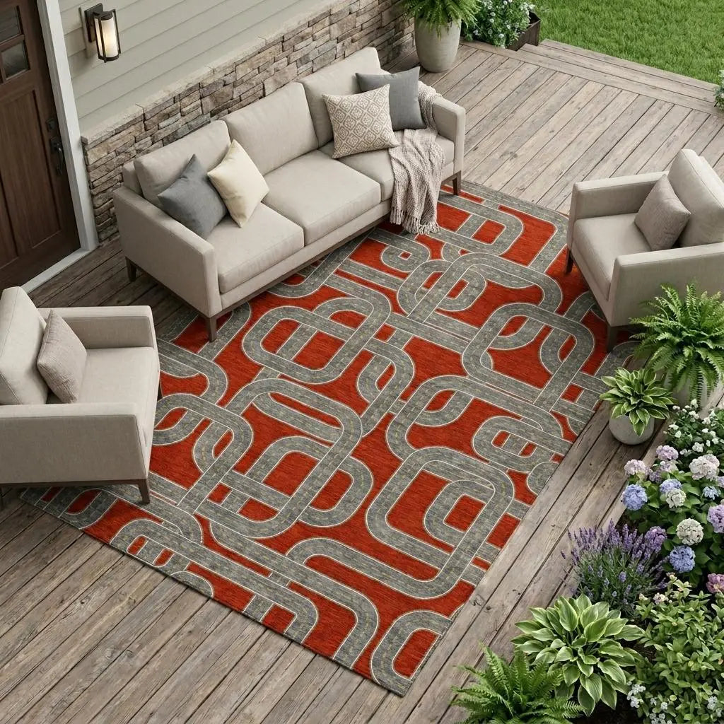 10' X 14' Red And Gray Geometric Washable Indoor Outdoor Area Rug Homeroots Outdoor