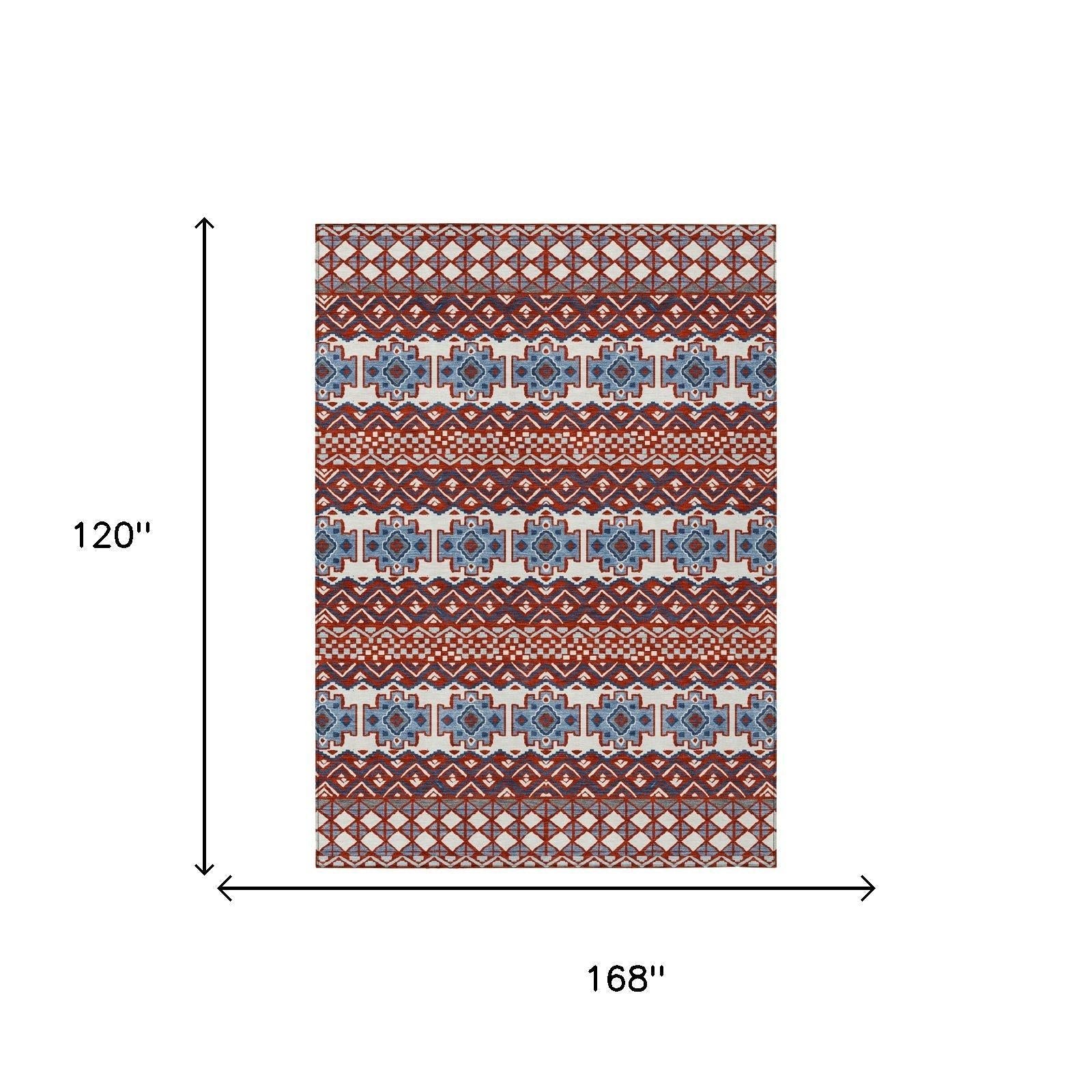 Vibrant red and blue patterned rug, 168" x 120", featuring intricate geometric designs on durable material.