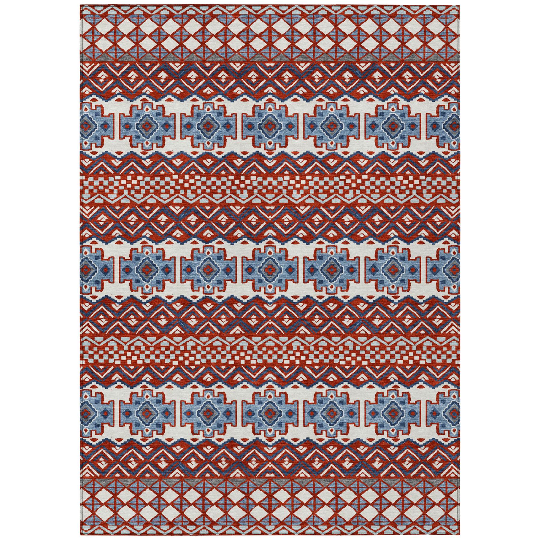 Colorful geometric area rug in red and blue, featuring intricate patterns on a cream background, perfect for bohemian decor.