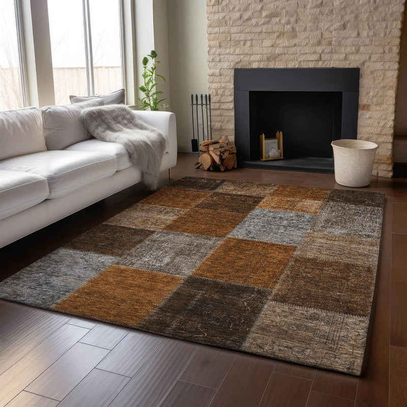 10' X 14' Rust Brown And Gray Patchwork Washable Area Rug With UV Protection Homeroots Home Decor
