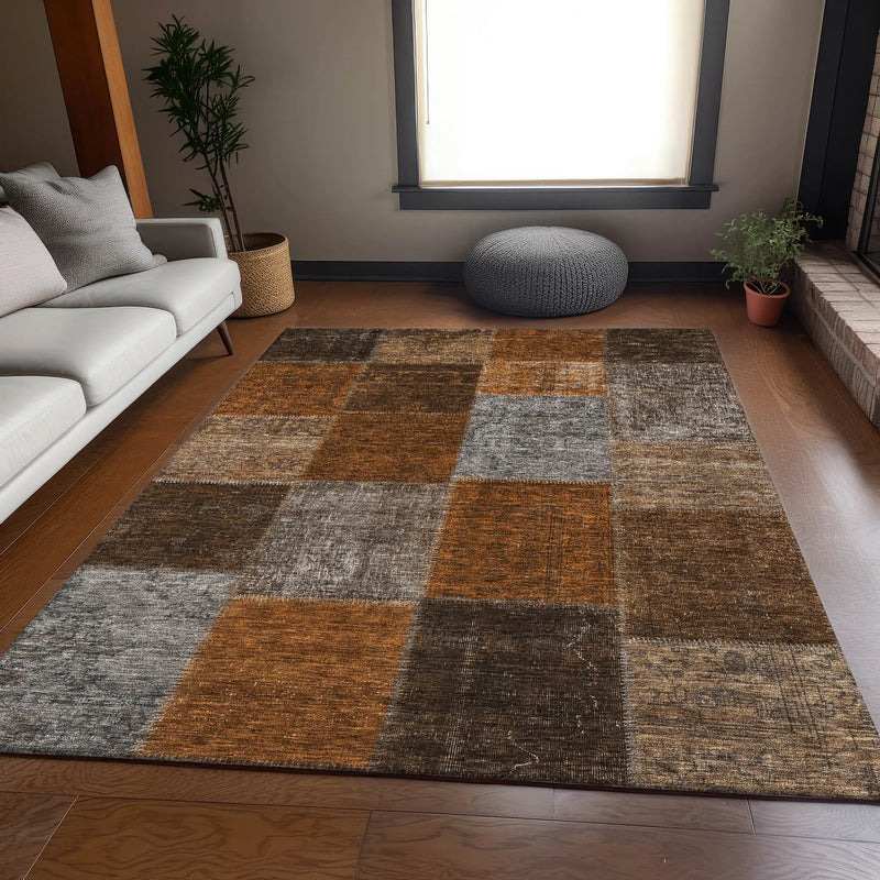 10' X 14' Rust Brown And Gray Patchwork Washable Area Rug With UV Protection Homeroots Home Decor