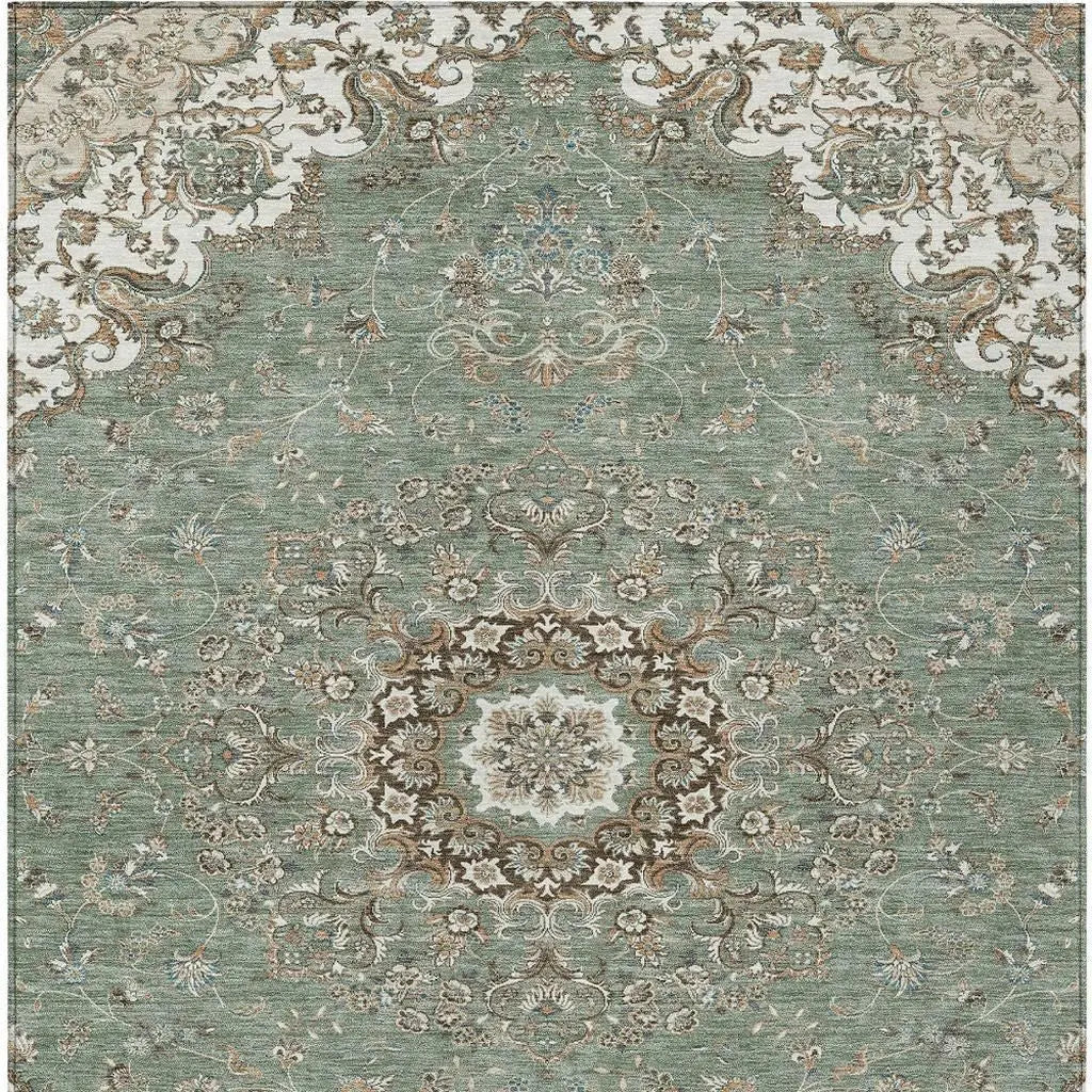 10' X 14' Sage And Beige Floral Medallion Washable Indoor Outdoor Area Rug Homeroots Outdoor