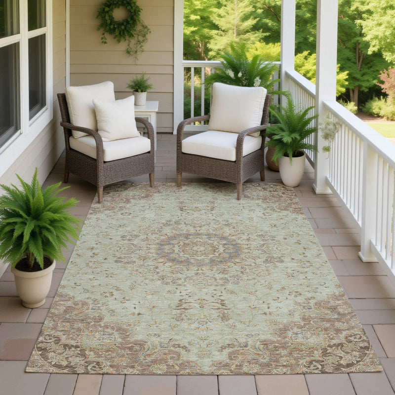 10' X 14' Sage And Brown Floral Medallion Washable Indoor Outdoor Area Rug Homeroots Outdoor