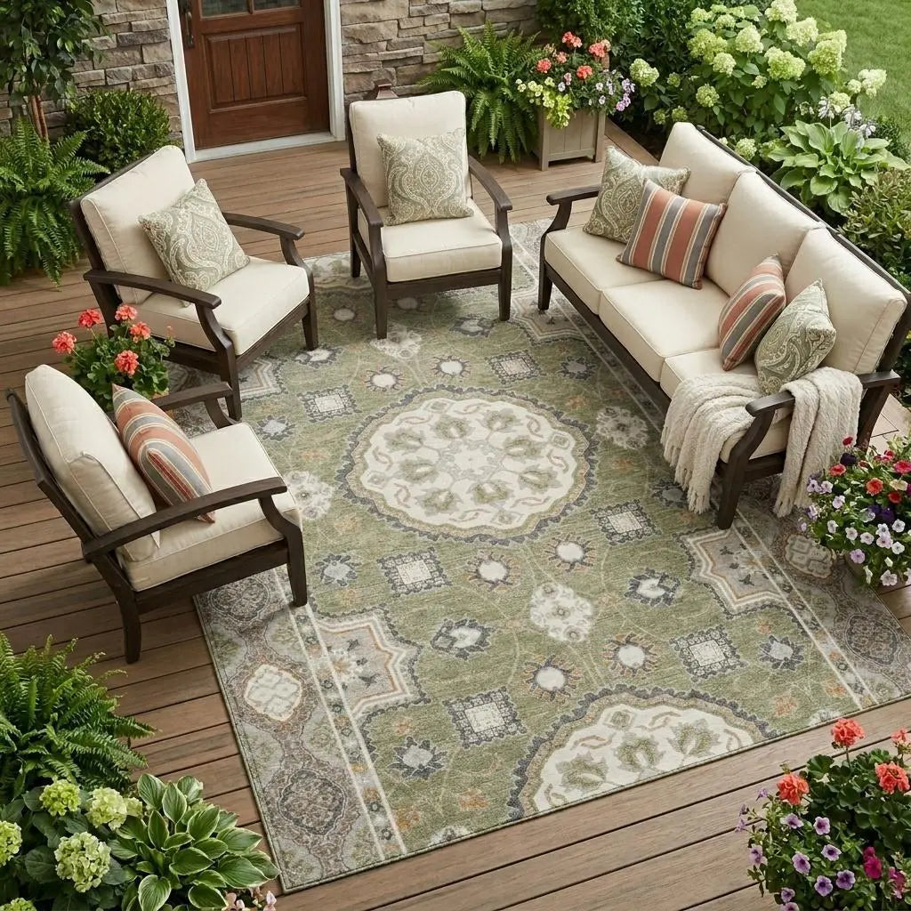 10' X 14' Sage And Green Floral Medallion Washable Indoor Outdoor Area Rug Homeroots Outdoor