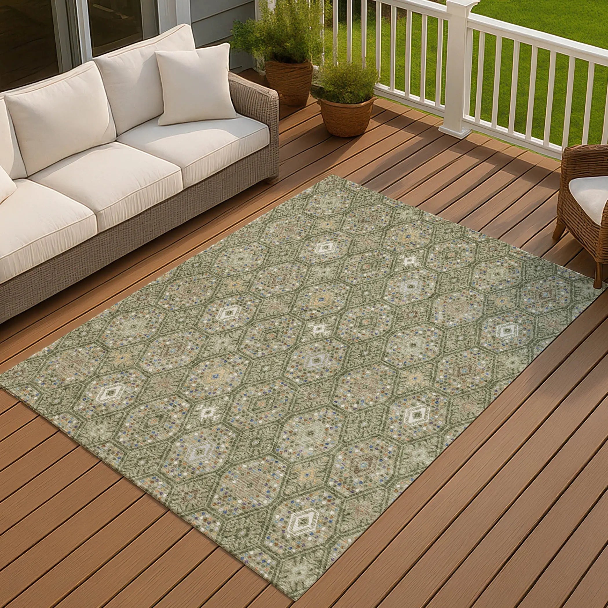 10' X 14' Sage And Green Geometric Washable Indoor Outdoor Area Rug Homeroots Outdoor