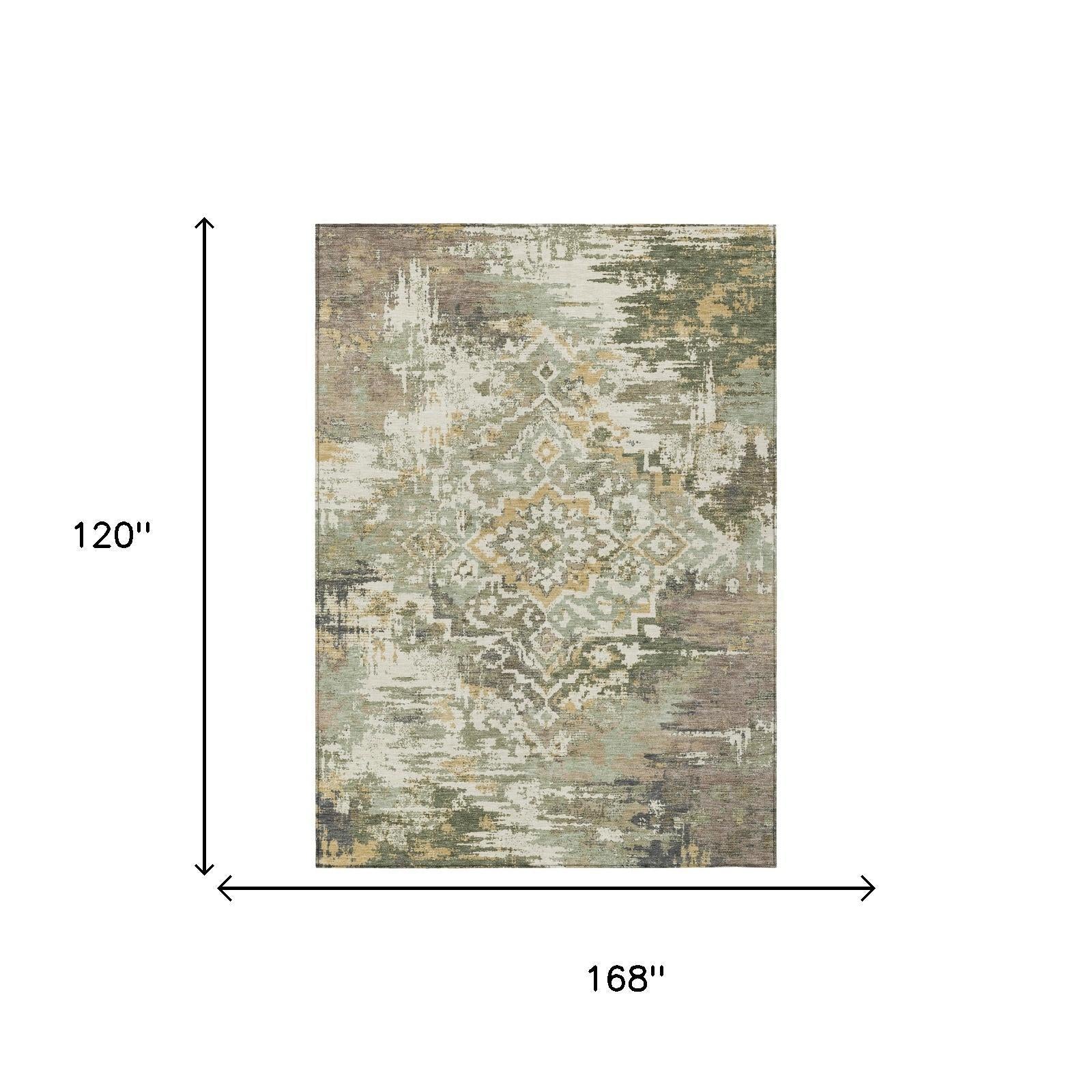 10' X 14' Sage And Green Medallion Washable Indoor Outdoor Area Rug Homeroots Outdoor