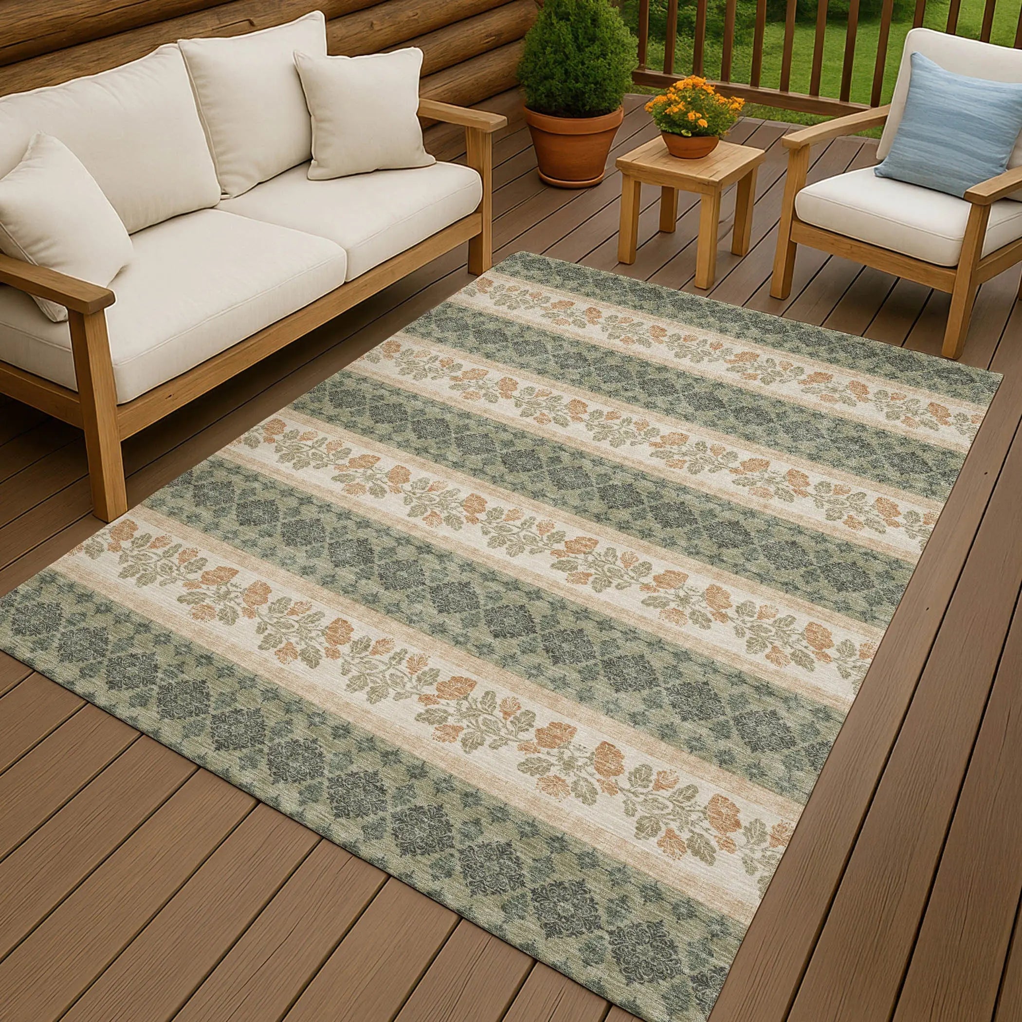 10' X 14' Sage And Ivory Striped Washable Indoor Outdoor Area Rug Homeroots Outdoor