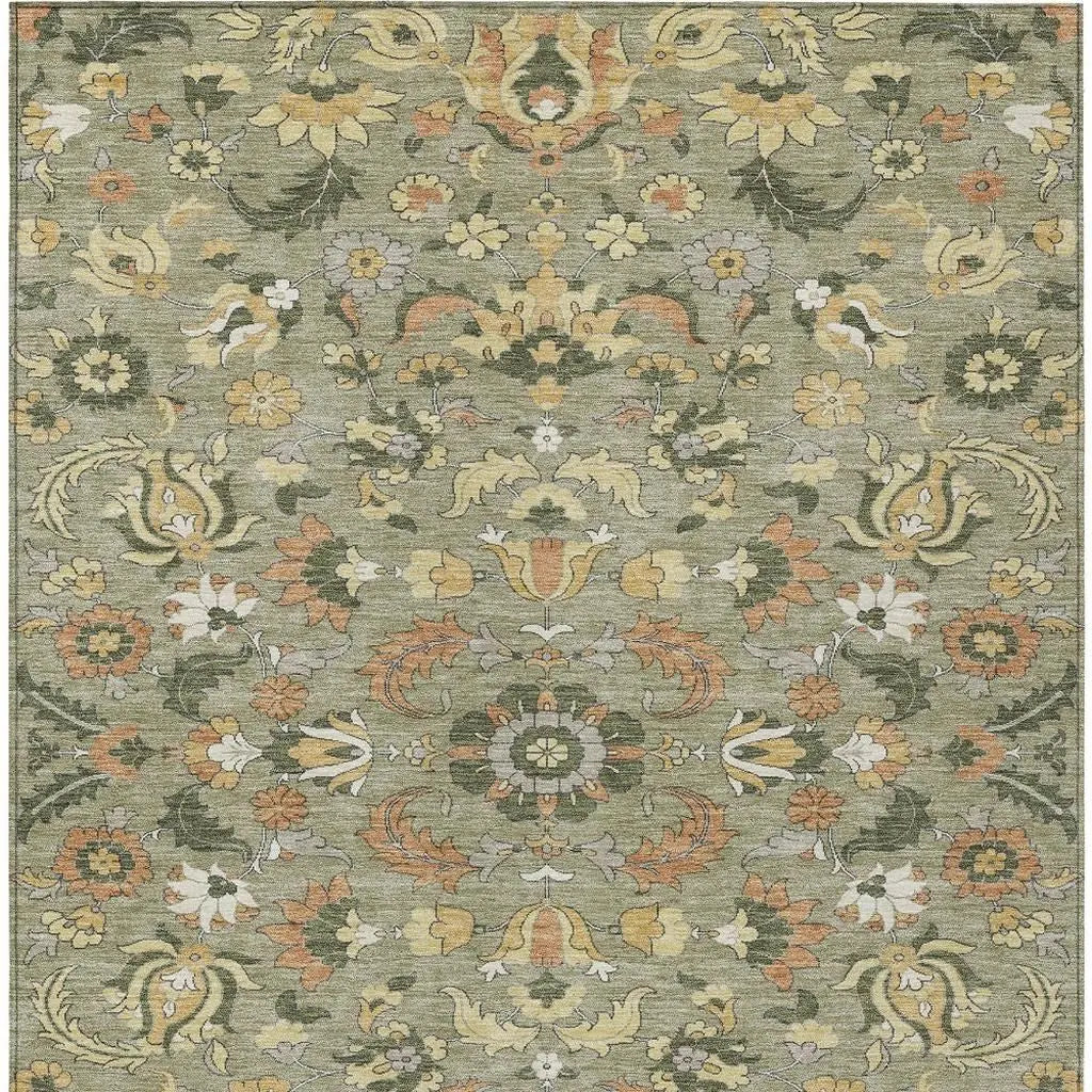 10' X 14' Sage And Olive Green Floral Medallion Washable Indoor Outdoor Area Rug Homeroots Outdoor