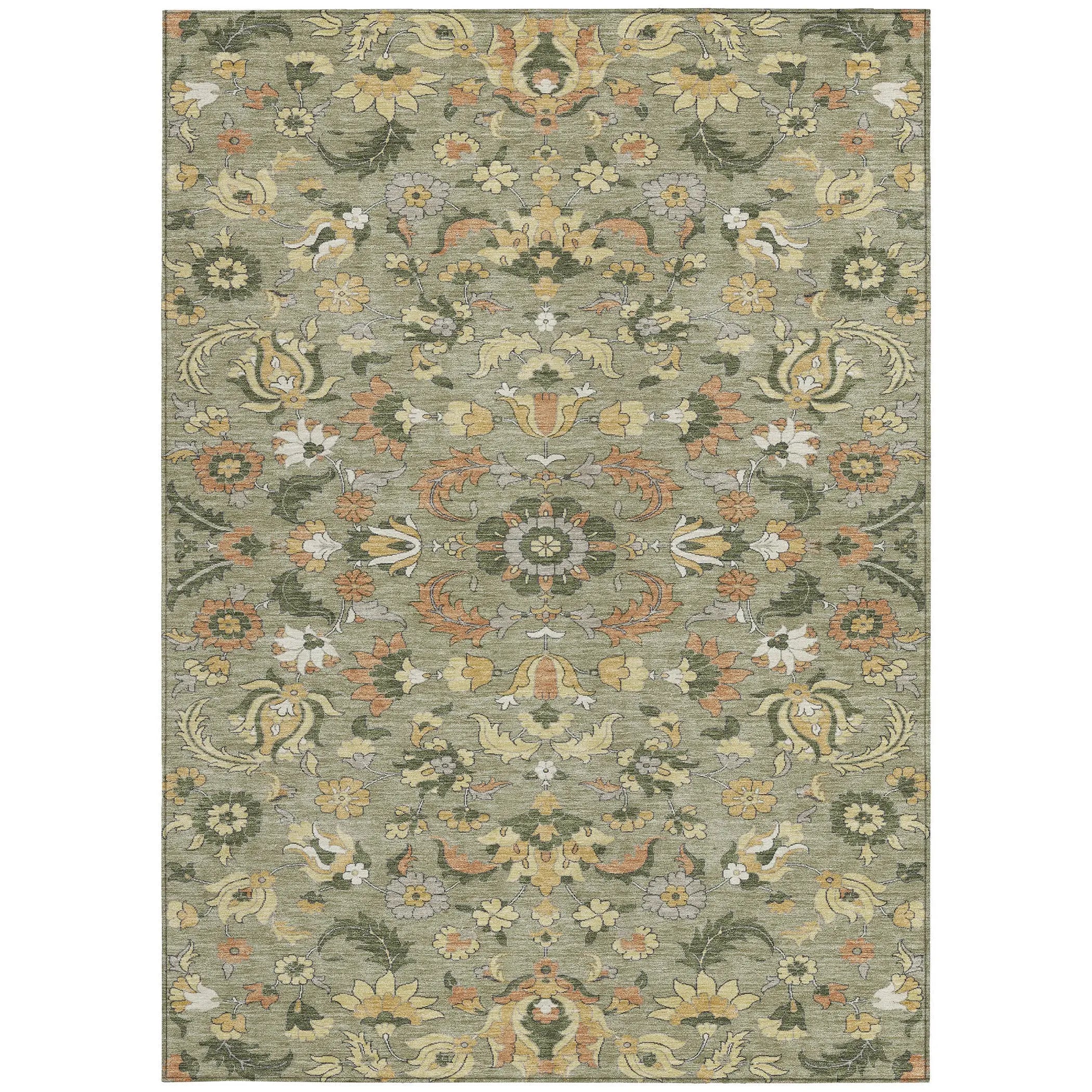 10' X 14' Sage And Olive Green Floral Medallion Washable Indoor Outdoor Area Rug Homeroots Outdoor