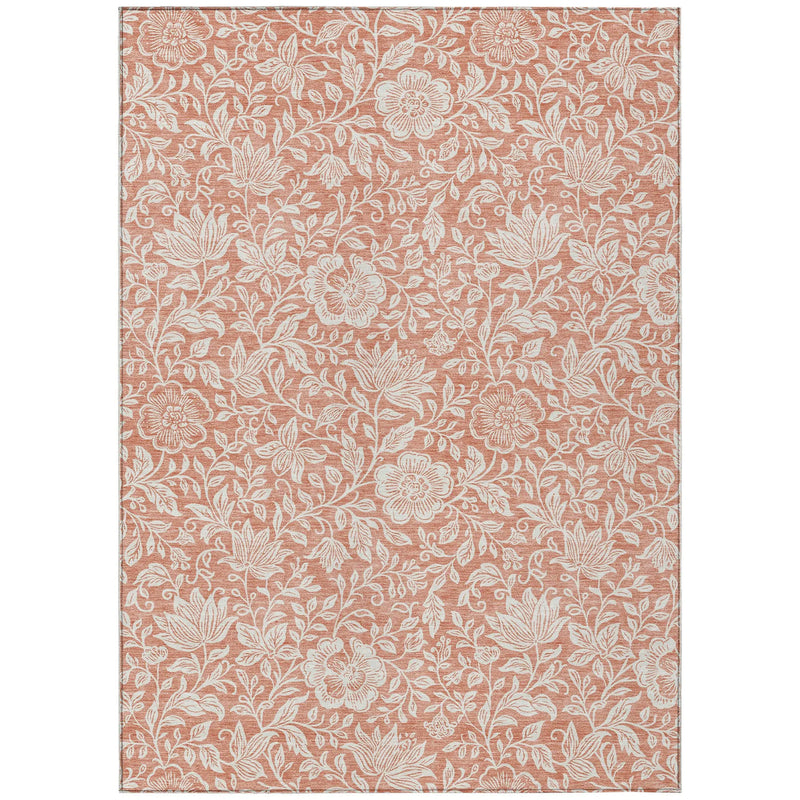 Vintage floral rug in terracotta with intricate white botanical patterns, perfect for stylish home decor.