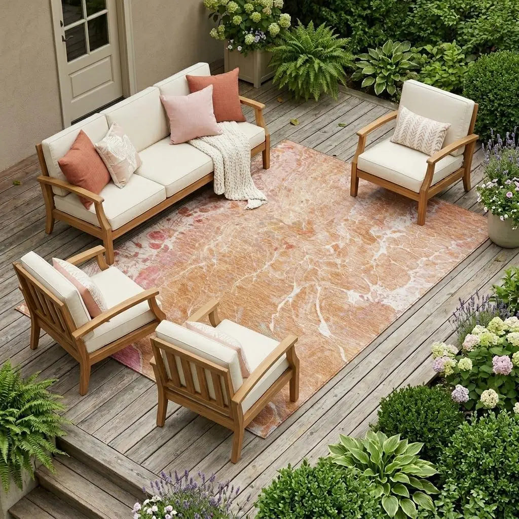 10' X 14' Salmon And Orange Abstract Washable Indoor Outdoor Area Rug Homeroots Outdoor