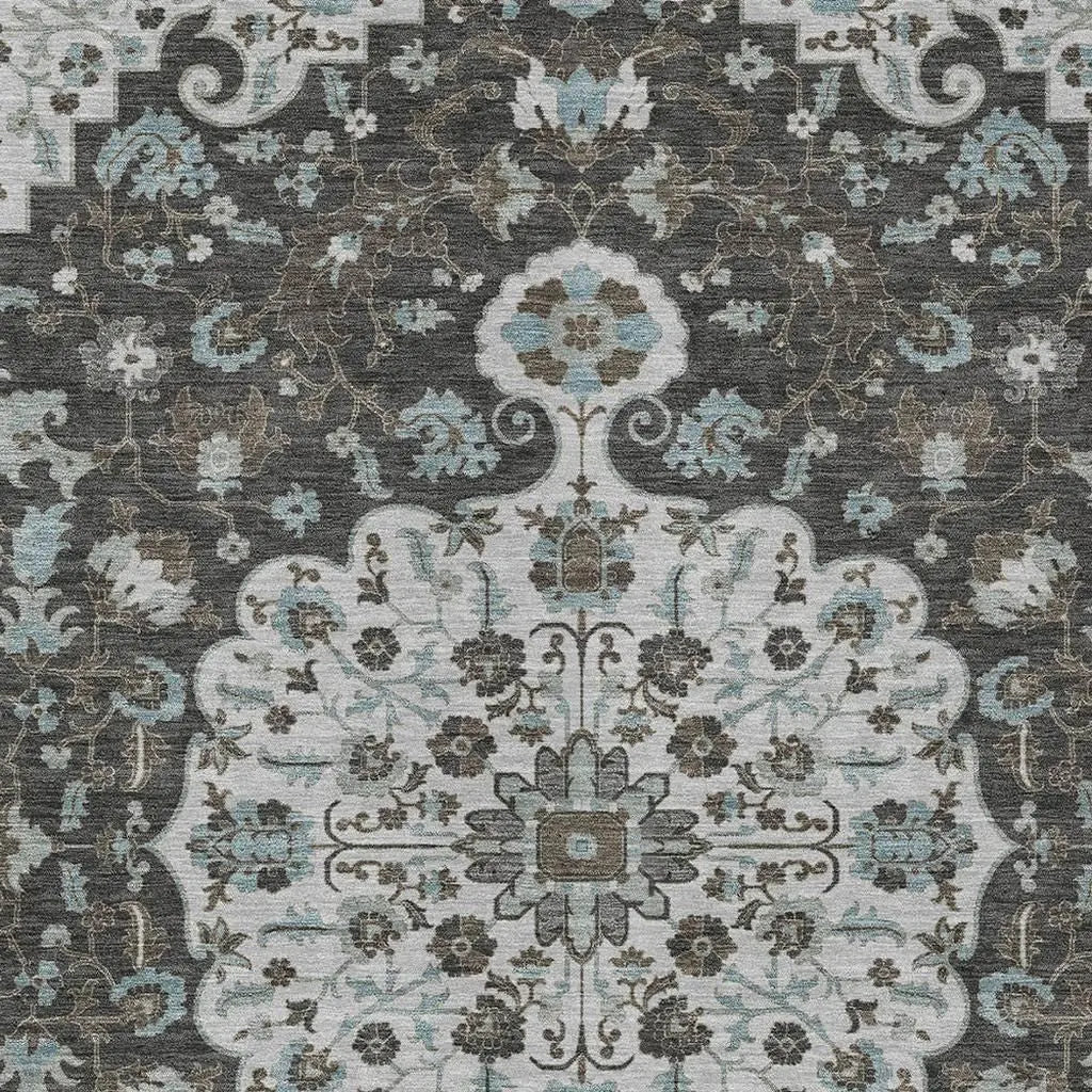 10' X 14' Silver And Charcoal Floral Medallion Washable Indoor Outdoor Area Rug Homeroots Outdoor