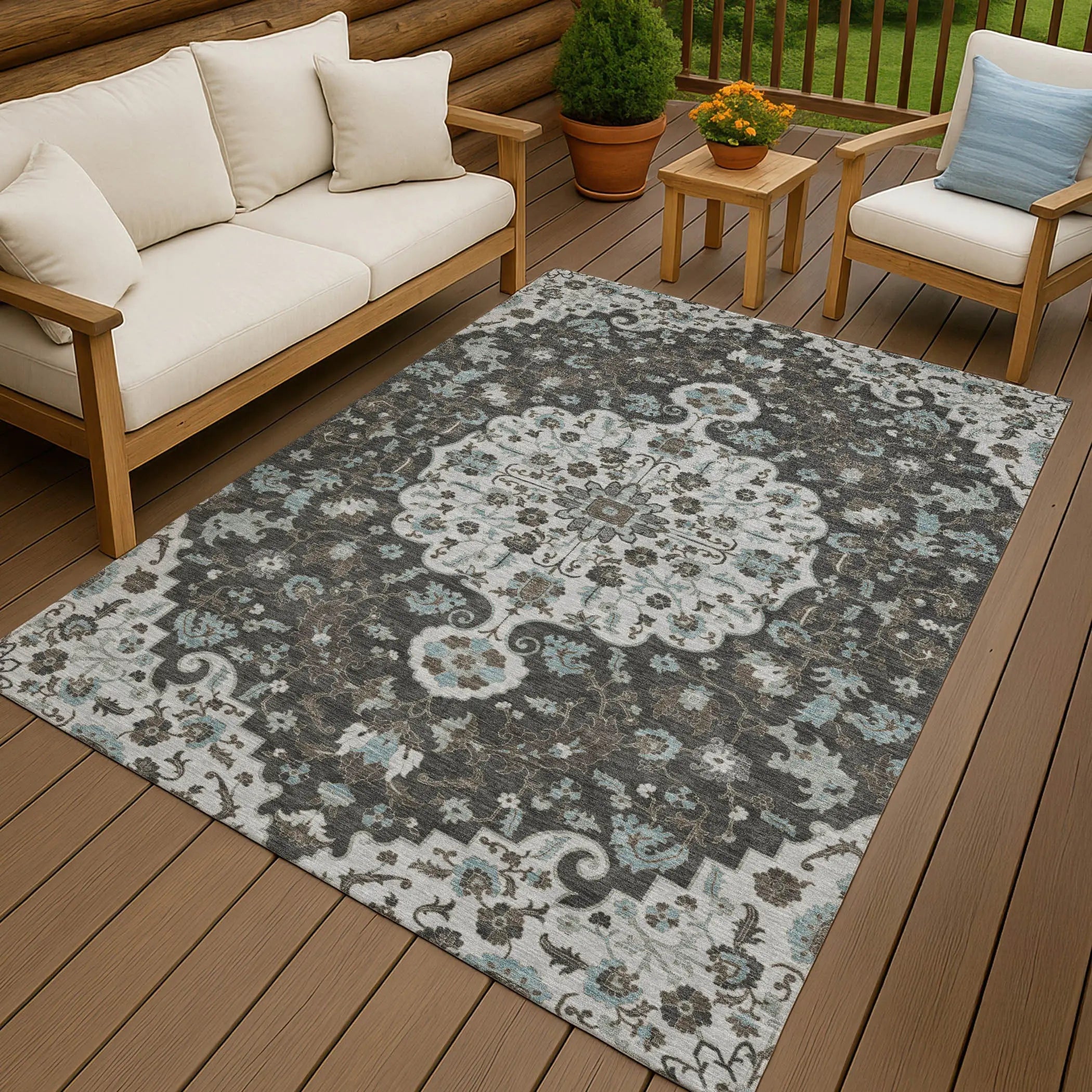 10' X 14' Silver And Charcoal Floral Medallion Washable Indoor Outdoor Area Rug Homeroots Outdoor