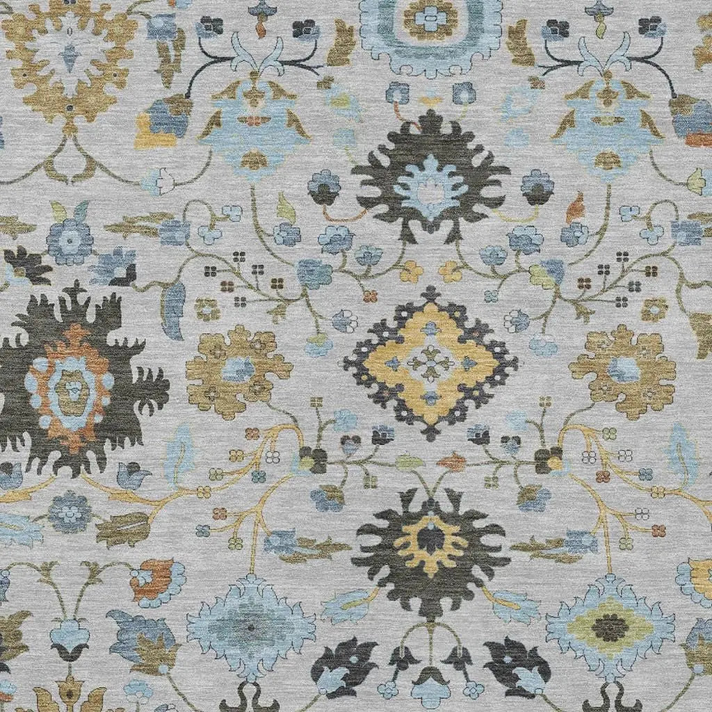 10' X 14' Silver And Charcoal Floral Medallion Washable Indoor Outdoor Area Rug Homeroots Outdoor