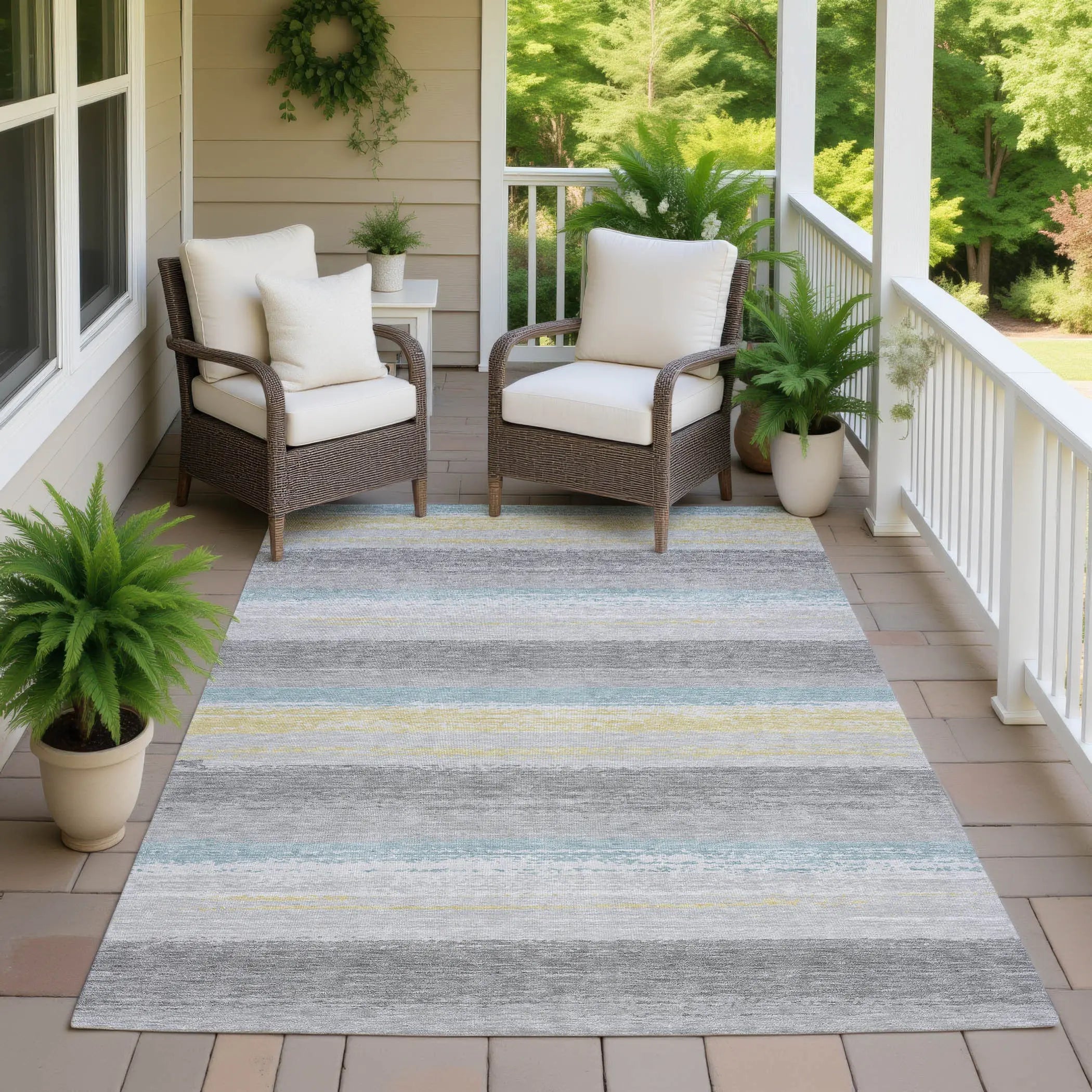 10' X 14' Silver And Taupe Striped Washable Indoor Outdoor Area Rug Homeroots Outdoor