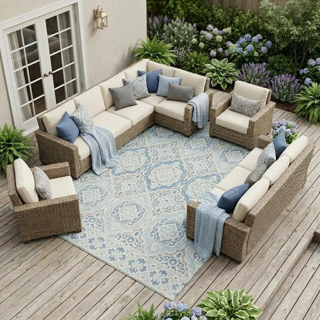 10' X 14' Sky Blue And Beige Tribal Washable Indoor Outdoor Area Rug Homeroots Outdoor