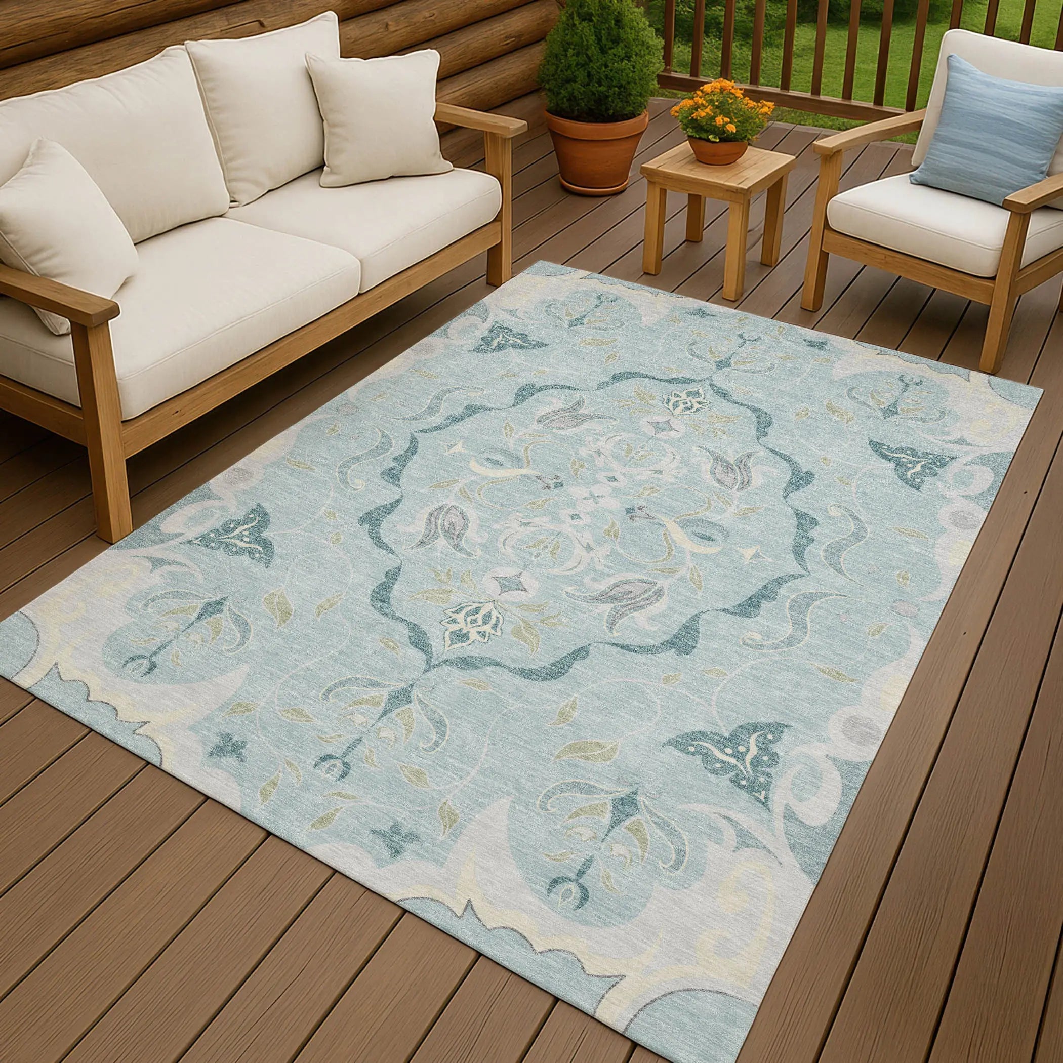 10' X 14' Sky Blue And Blue Damask Washable Indoor Outdoor Area Rug Homeroots Outdoor
