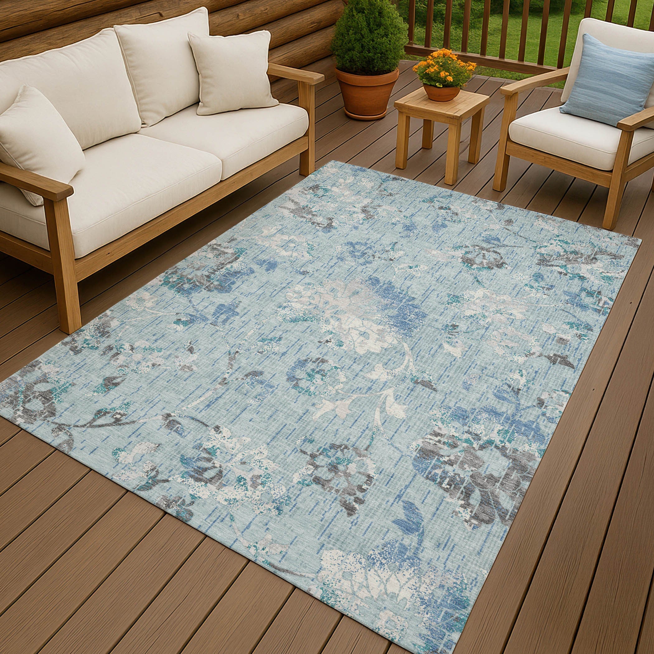 10' X 14' Sky Blue And Blue Floral Washable Indoor Outdoor Area Rug Homeroots Outdoor