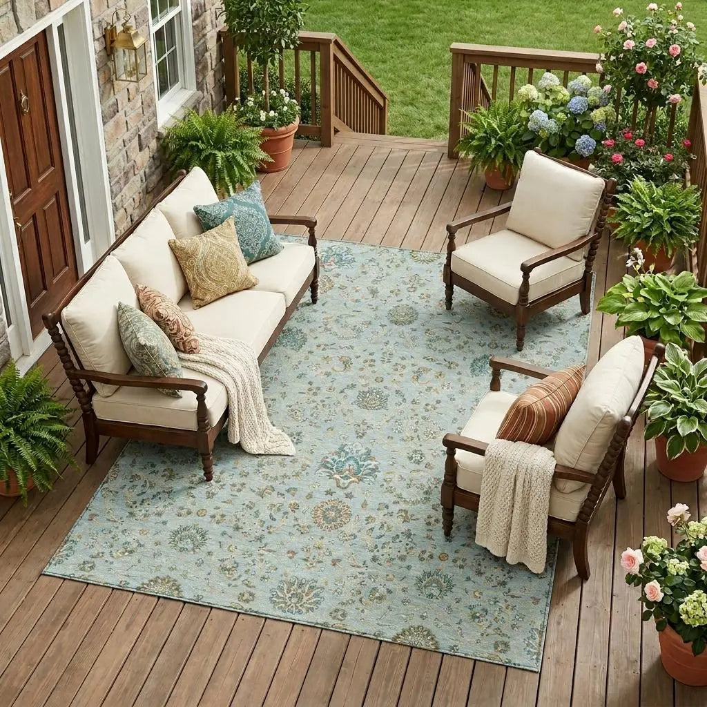 10' X 14' Sky Blue And Blue Floral Washable Indoor Outdoor Area Rug Homeroots Outdoor