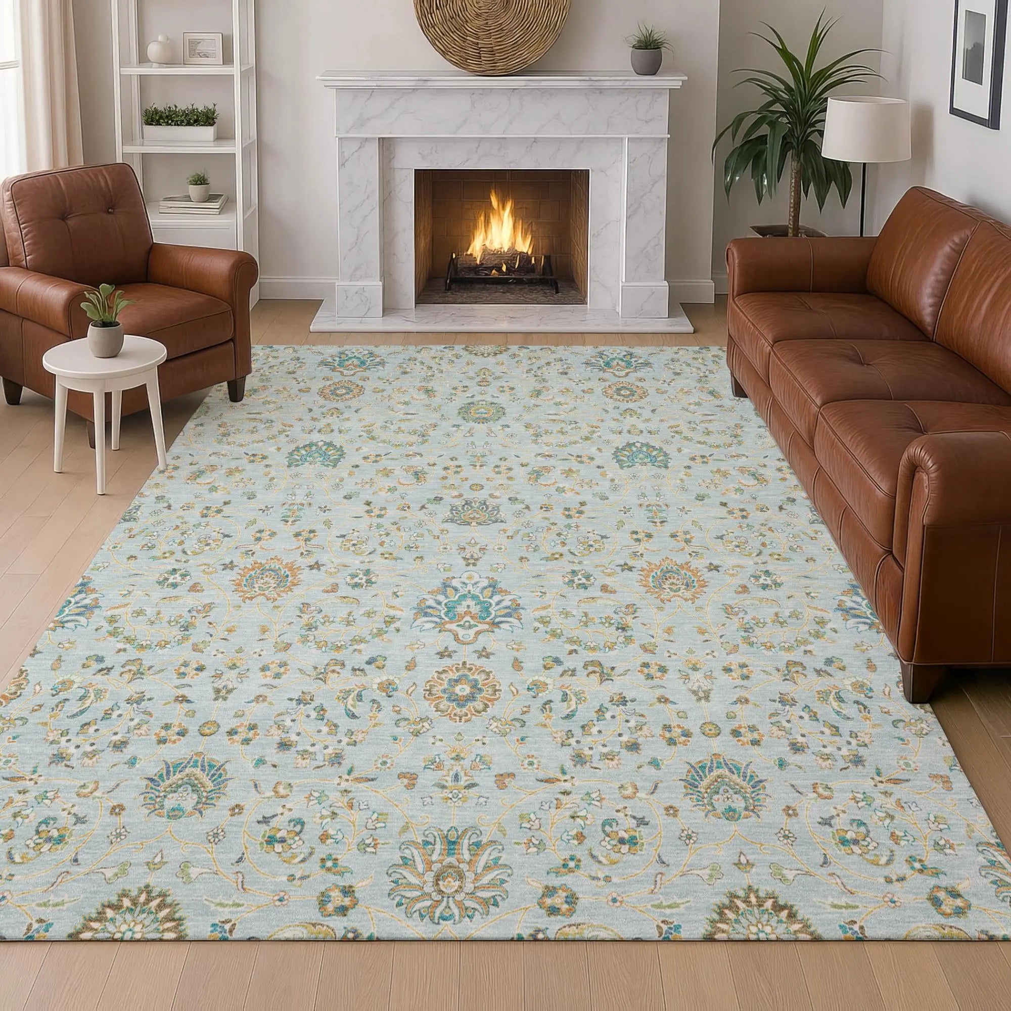 10' X 14' Sky Blue And Blue Floral Washable Indoor Outdoor Area Rug Homeroots Outdoor