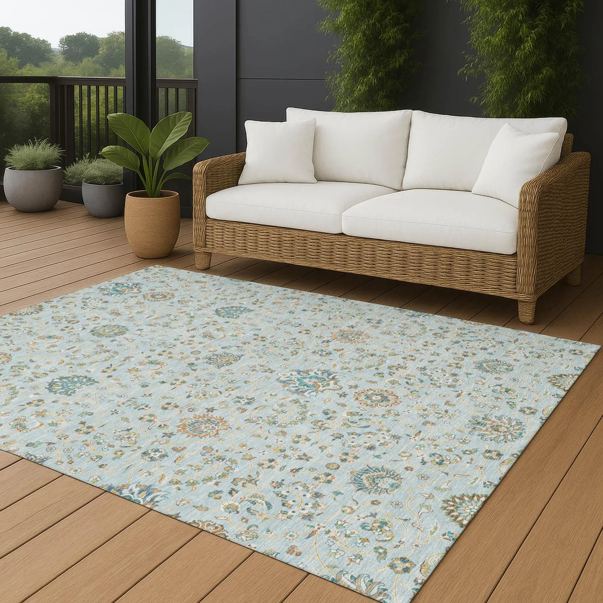 10' X 14' Sky Blue And Blue Floral Washable Indoor Outdoor Area Rug Homeroots Outdoor
