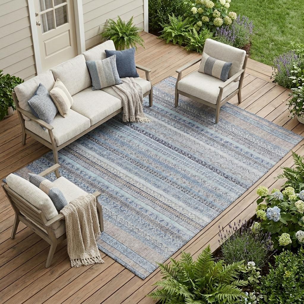 10' X 14' Sky Blue And Blue Striped Washable Indoor Outdoor Area Rug Homeroots Outdoor